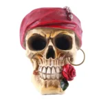 SKULL PIRATE STATUE WITH RED ROSE SMALL SKELETON HALLOWEEN FIGURE
